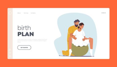 Doğum Planı İniş Şablonu. Bekleyen Çift, Doğum Balosu 'na hazırlanıyor. Hamile Kadın ve Partner, Balo 'yla Doğum Öncesi Egzersizleri Yapıyor. Çizgi film İnsanları Vektör İllüstrasyonu