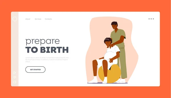Paar Voorbereidingen Voor Bevalling Clinic Landing Page Template Vrouw Echtgenoot — Stockvector