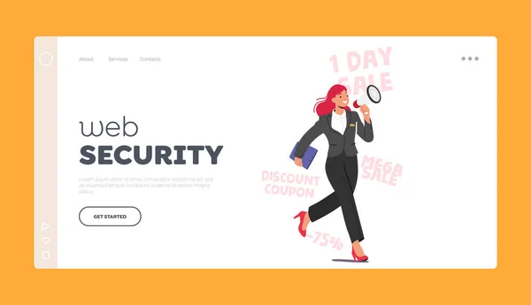 Web Security Landing Page Template Forceful Promoter Female Character Megaphone — Stock Vector
