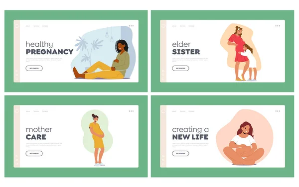 Schwangerschaft Müttergesundheit Pränatalpflege Landing Page Template Set Fröhliche Schwangere Mit — Stockvektor