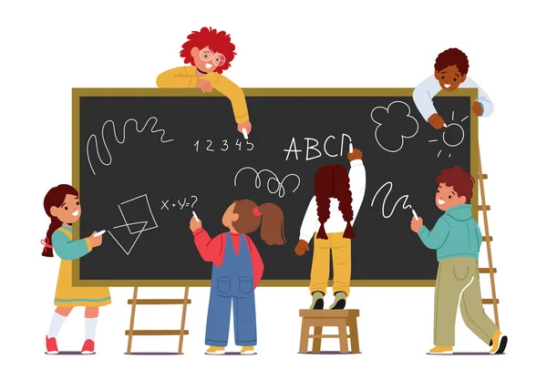 Kinderen Staan Voor Blackboard Schrijven Met Krijt Begrip Schoolonderwijs Onschuld — Stockvector