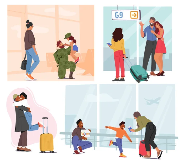 荷物を持っている人のセット空港で誰かに会う 愛する人と再会する興奮と期待の概念 感情的な会議のテーマ 漫画人ベクトルイラスト — ストックベクタ