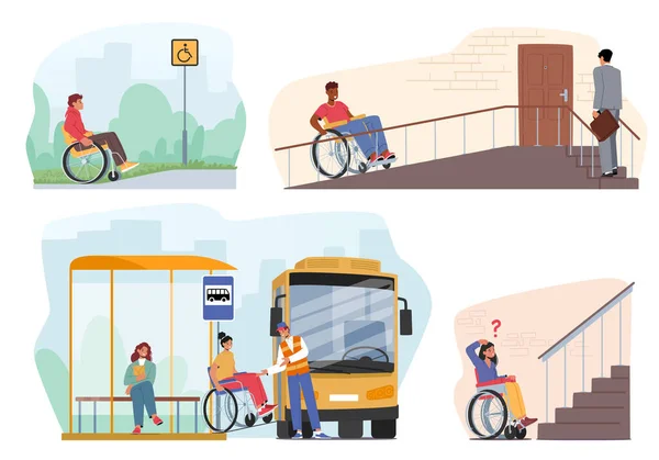 장애인 휠체어를 사람들의 Set Disabled People Wheelchair Using Ramps Access — 스톡 벡터
