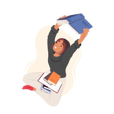 Kitap Yığını ile Oturan Öğrenci Kız, Okuma ya da Sınavlara Hazırlık Yapıyor. Ciddi Eğitimsel ya da Akademik Süreç 'te Kadın Karakteri. Çizgi film İnsanları Vektör İllüstrasyonu