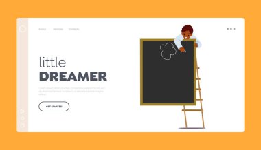 Küçük Hayalci İniş Sayfası Şablonu. Tahtaya Çizen Çocuk. Yaratıcılık, Eğitim, Çocukların Öğrenmesi, Ya da Küçük Çocuk Ressamlı Sanatsal Temalar. Çizgi film Vektör İllüstrasyonu