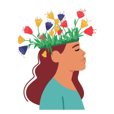 Kafasında Renkli Çiçekler Büyüyen Kapalı Gözlü Kadın Karakteri ile Kadın Akıl Sağlığı Konsepti. Psikolojik Destek, Sağlıklı Zihin, Pozitif Düşünme Teması. Çizgi film Vektör İllüstrasyonu