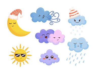 Karikatür Hava Karakterleri Set, Güneş Simgeleri, Bulut, Yağmur Damlası, Kar Tanesi ve Uyuyan Ay veya Rüzgar. Sunumlar için çeşitli Meteoroloji Personelleri. Çizgi film Vektör İllüstrasyonu