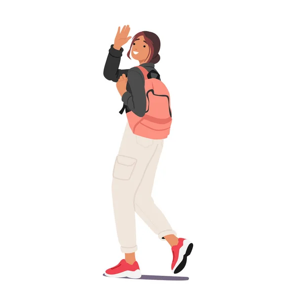 Χαρούμενη Μαθήτρια Που Κουνάει Χέρι Της Σακίδιο Στην Πλάτη Ενεργειακή — Διανυσματικό Αρχείο