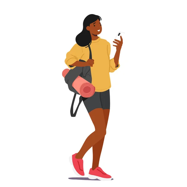 女性キャラクターはジムに向かって歩くときにヨガマットを運ぶ フィットネスの概念 スポーツ製品やサービスのプロモーションのための健康 女性アスリートに適しています 漫画人ベクトルイラスト — ストックベクタ
