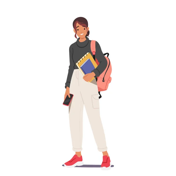 Studentische Mädchenfigur Mit Rucksack Und Büchern Porträtiert Eine Begeisterte Lernende — Stockvektor