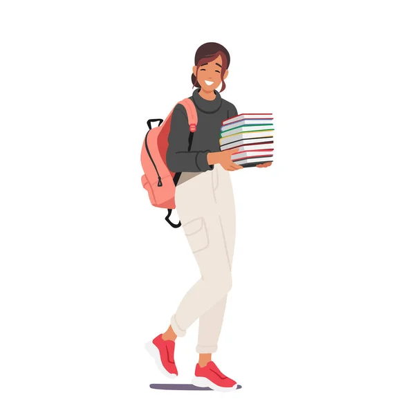 バックパックとノートのスタックを運ぶ学生の女の子の文字彼女が歩くように 若者と学術的追求の概念 学校や大学の勉強に戻る 漫画人ベクトルイラスト — ストックベクタ