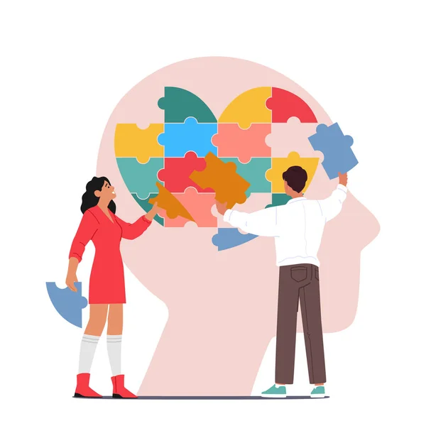 Mental Health Medical Treatment Concept. Psychology Specialist Doctors Characters Work Together To Fix Brain Puzzle in Huge Head. World Mental Health Day Theme. Cartoon People Vector Illustration