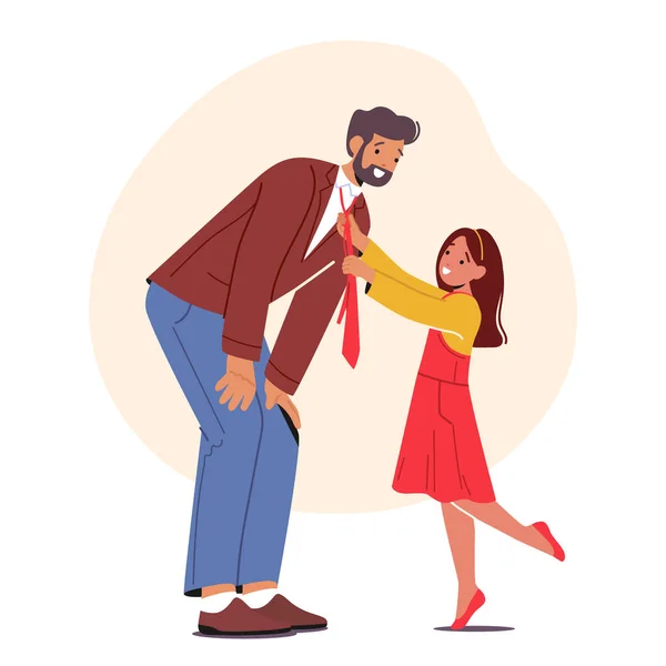 小さな女の子は彼女のお父さんのシャツの襟に弓を結ぶ 父親と娘の家族のキャラクター 愛と愛情の間に特別な瞬間を示す心温まる画像 漫画人ベクトルイラスト — ストックベクタ