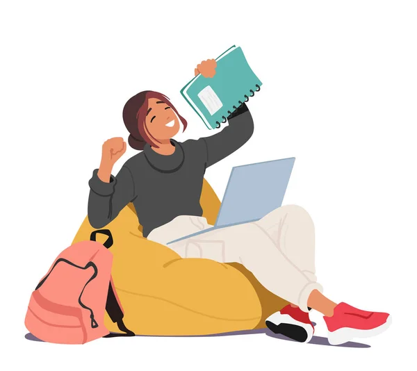 Müde Studentin Mädchen Charakter Sitzt Mit Ihrem Laptop Und Bücher — Stockvektor