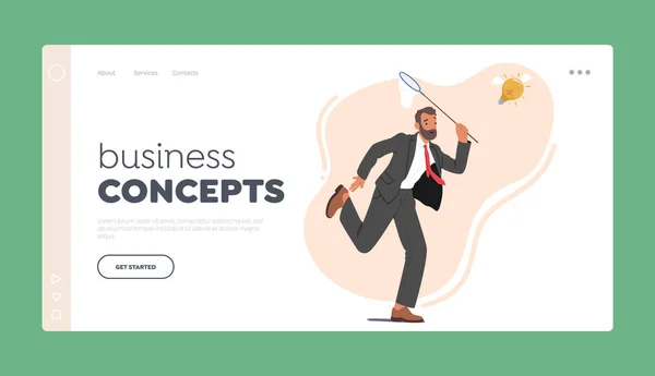 Business Concepts Landing Page Template Businessman Character Chasing Flying Light — Stock Vector