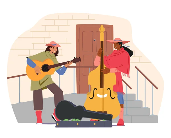 Müzisyenler Şehir Caddesinde Gitar Çalarak Yayalar Için Bas Gitar Çalarak — Stok Vektör