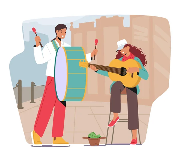 Уличное Музыкальное Представление Участием Мужчин Женщин Открытым Небом Барабаном Гитарой — стоковый вектор