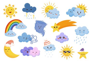 Hava Durumu, Hava Durumu, Güneş, Yağmur, Kar, Gök Gürültüsü ve Rüzgar 'ı anlatan çizgi film karakterleri. Eğitici Malzemeler ve Çocuk Kitapları için Simgeler Seti. Çizgi film Vektör İllüstrasyonu