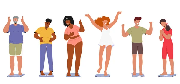 一组按比例站立 测量其体重减轻或体重增加的男女角色 营养和健康 节食和激励的概念 卡通人物矢量图解 — 图库矢量图片