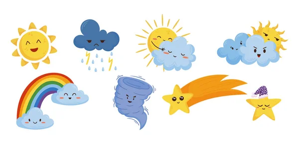 Cartoon Wetter Charaktere Verschiedenen Stimmungen Und Einstellungen Einschließlich Einer Sonnigen — Stockvektor