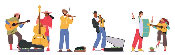 Set Street Musicians Effectuer Spectacle Personnes Jouant Guitare Saxophone Contrebasse — Image vectorielle