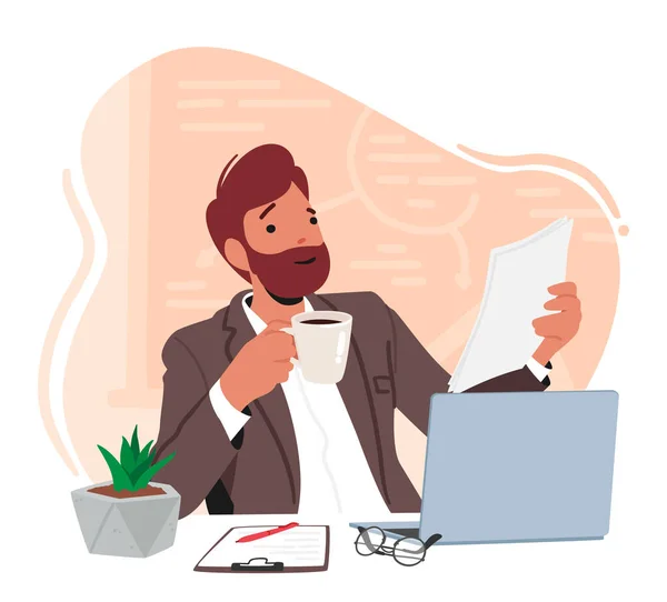 Smiling Man Lehrerfigur Multitasking Mit Laptop Kaffeetasse Und Papier Pädagoge — Stockvektor