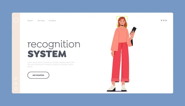 Facial Recognition Technology Landing Page Template Female Character Scanning Face — Stock Vector