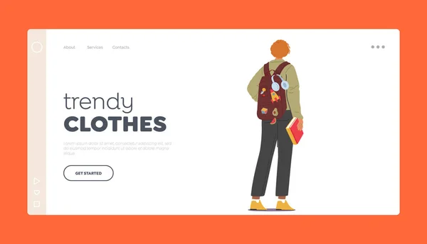 Trendy Clothes Landing Page Template Задний Вид Мальчика Подростка Рюкзаком — стоковый вектор