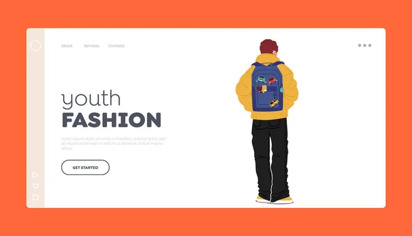 Youth Fashion Landing Page Vorlage Rückansicht Eines Teenagers Mit Rucksack — Stockvektor