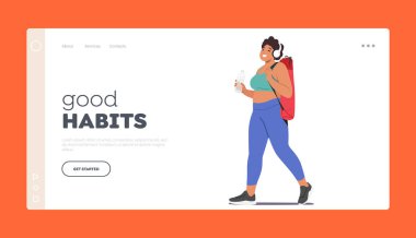İyi Alışkanlıklar İniş Sayfa Şablonu. Yoga Mattı Taşıyan Şişkin Kadın 'ın kutlu olsun. Kadın Karakteri Fitness ve Sağlıklı Yaşam Tarzını Destekliyor, Spor Üyeliği veya Spor Giysileri. Çizgi film İnsanları Vektör İllüstrasyonu