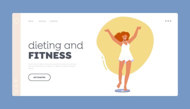 Diyet ve Fitness İniş Şablonu. Pul Üstünde Duran Mutlu Genç Kız Pozitif Duygular. Sıska, Sıska Formda Kadın Karakteri 'nin Vücut Sağlığı Konsepti. Çizgi film İnsanları Vektör İllüstrasyonu