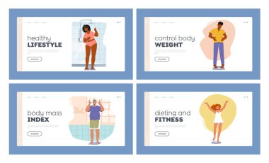 Diyet ve Motivasyon İniş Şablonu Ayarlandı. Karakterler tartıya çıkıp kilo verme ya da ilerleme kaydetme oranlarını ölçüyorlar. Sağlık, Beslenme ve Spor Konsepti. Çizgi film İnsanları Vektör İllüstrasyonu