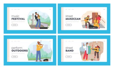Sokak Müzisyenleri İniş Şablonu Ayarlandı. İnsanlar gitar ve saksafon, çift bas, davul ve keman çalıyor. Orkestra Müzik Konseri, Canlı Müzikal Performans, Festival. Çizgi film Vektör İllüstrasyonu