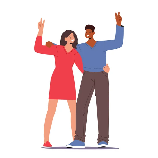 Personnages Couple Masculin Féminin Exprimant Joie Triomphe Avec Geste Victoire — Image vectorielle