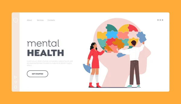 Mental Health Landing Page Template. Psychology Specialist Doctors Characters Work Together To Fix Brain Puzzle in Huge Head. World Mental Health Day Medical Theme. Cartoon People Vector Illustration
