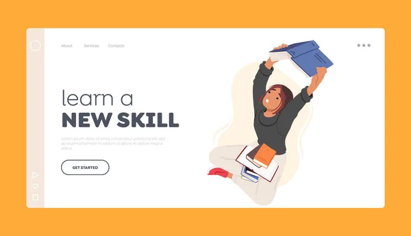 Learn New Skill Landing Page Template Student Girl Sitting Pile — Stock Vector