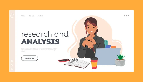 Research Analysis Landing Page Template Student Girl Character Seated Desk — Stock Vector