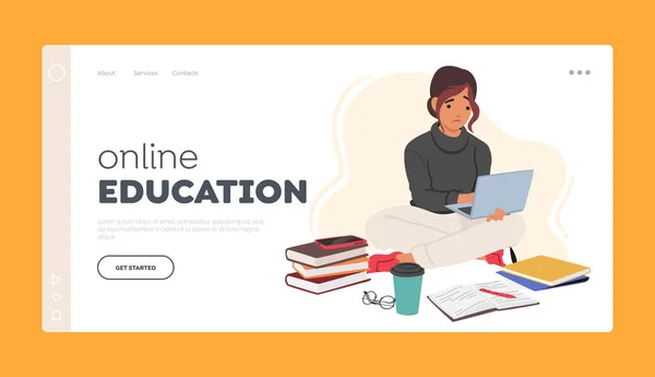 Online Edukacja Landing Page Szablon Kobieta Student Character Siedzi Podłodze — Wektor stockowy
