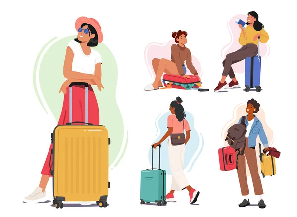Conjunto Personajes Femeninos Con Maletas Bolsos Que Dirigen Hacia Aeropuerto — Archivo Imágenes Vectoriales