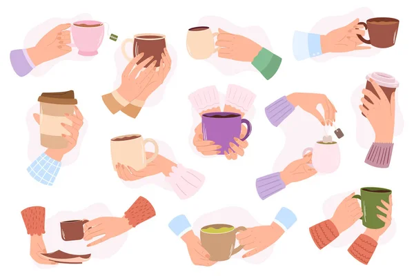 Set Hands Holding Various Mugs Different Sizes Designs Concept Drinking — Stock Vector