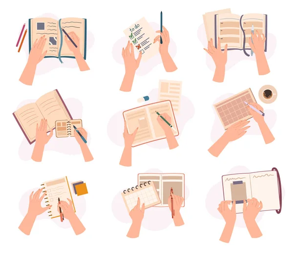 ペンとノートパッドが分離されたノートを作る手のトップビューセット またはオフィス関連のテーマ 生産性と組織の概念 漫画ベクターイラスト アイコン — ストックベクタ