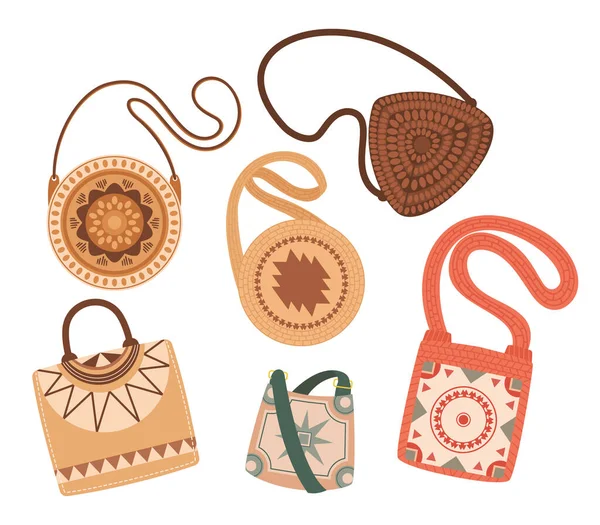 Conjunto Bolsas Con Intrincados Patrones Inspirados Folclore Diseños Coloridos Evocan — Vector de stock