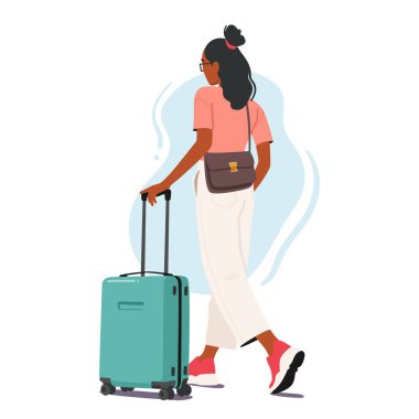 Bavulunu havaalanında taşıyan bir kadın karakteri, yolculuğuna çıkmaya hazır. Seyahat, Heyecan ve Seyahat ve Turizm İlgili Tanıtım Konsepti. Çizgi film İnsanları Vektör İllüstrasyonu
