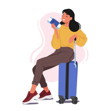 Bavulunda bileti olan bir kadın karakteri, yolculuğa çıkmaya hazırdı. Seyahat, macera ve seyahat, tur promosyonları ya da tatil için heyecan konsepti. Çizgi film İnsanları Vektör İllüstrasyonu