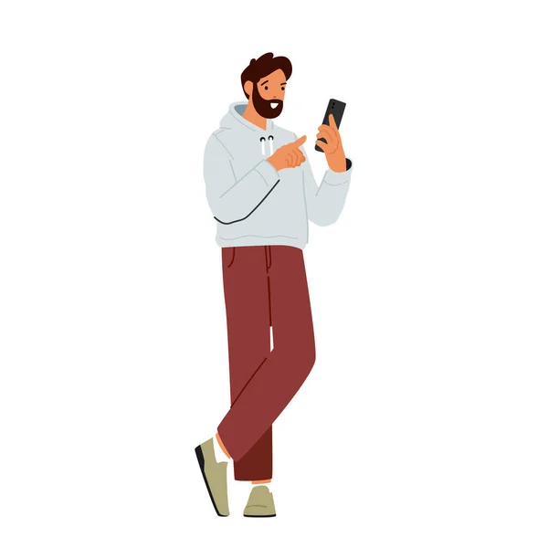スマートフォンのチャットや白の背景に隔離されたSmsテキストを持つ男 男性キャラクターオンライン通信ガジェットを使用しています 人間の生活の概念におけるスマート技術 漫画ベクターイラスト — ストックベクタ