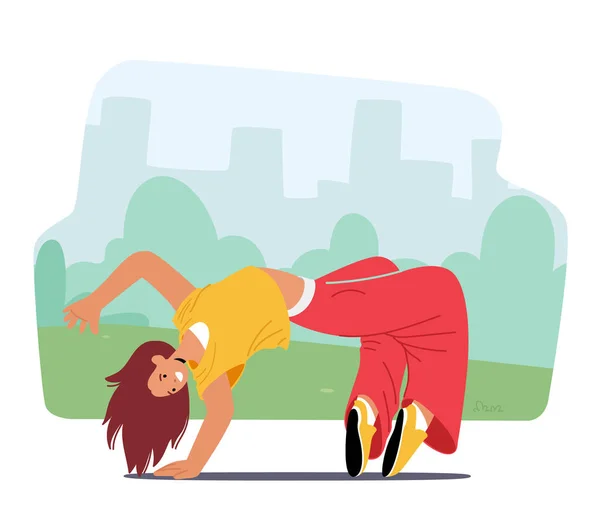 Street Dancer Girl Character Performing Breakdance Move, Showcasing Her Impressive Flexibility And Fluidity Of Movement. Energy And Passion Of Street Dance Culture. Cartoon People Vector Illustration