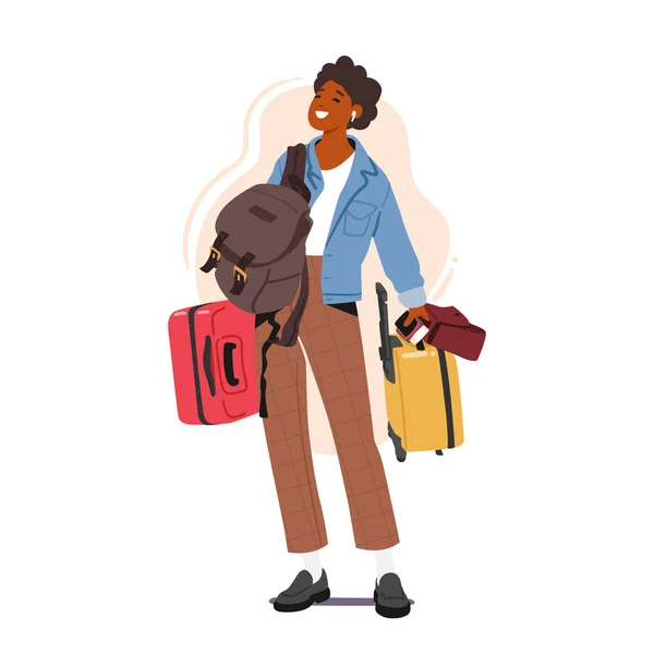 荷物を持つ女性旅行の準備ができている 異なるバッグや手荷物を持つ陽気な女性の文字は彼女の体にぶら下がっている 夏休み 旅のコンセプト 漫画人ベクトルイラスト — ストックベクタ