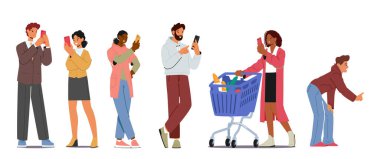 Telefonlu Genç Karakterler, Akıllı Telefon İletişim Konsepti. Sosyal medyada cep telefonu tutan erkekler ve kadınlar sohbet ediyor, ekranda tanımayı geçiyor, mesajlaşıyor. Çizgi film İnsanları Vektör İllüstrasyonu