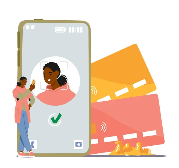 一个微小的女性角色站在一个巨大的手机旁边 其面部识别系统在屏幕 金钱和卡卡上显示 以防止未经授权的访问 卡通人物矢量图解 — 图库矢量图片