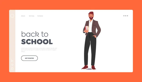 Back School Landing Page Template Confident Male Teacher Character Standing — Stock Vector